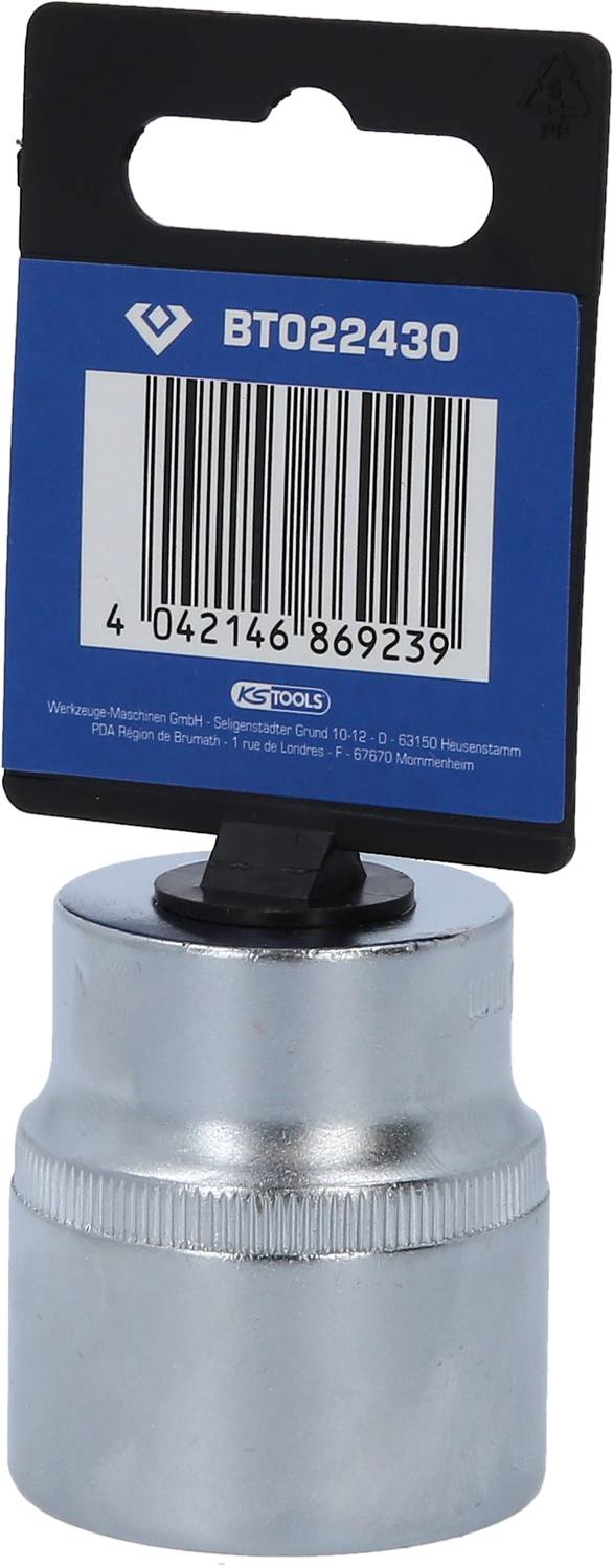 A silver nutmeg with a blue packaging displaying the barcode '4042146869239' and the inscription 'BT022430'.