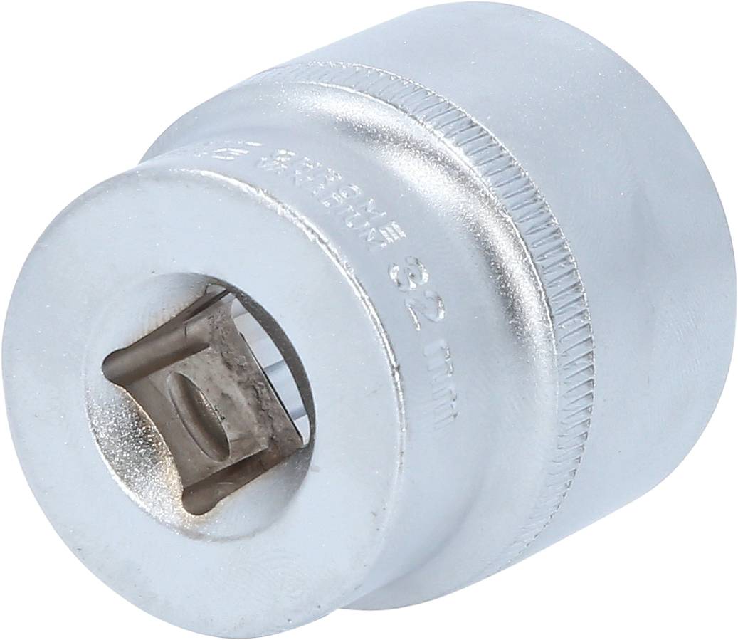 Metal socket drive, cylindrical, silver-coloured, with a square aperture for attachment to a spanner handle.