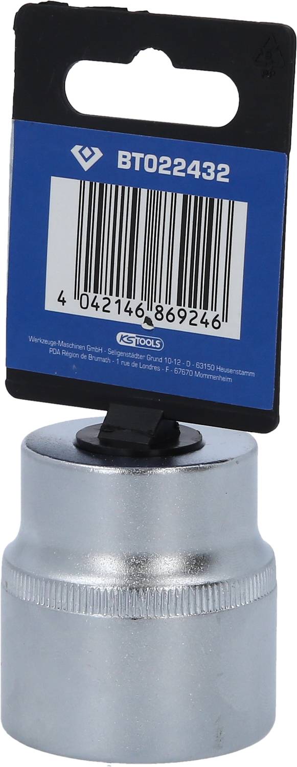 A metallic socket in silver with a black, rectangular label and barcode on it.