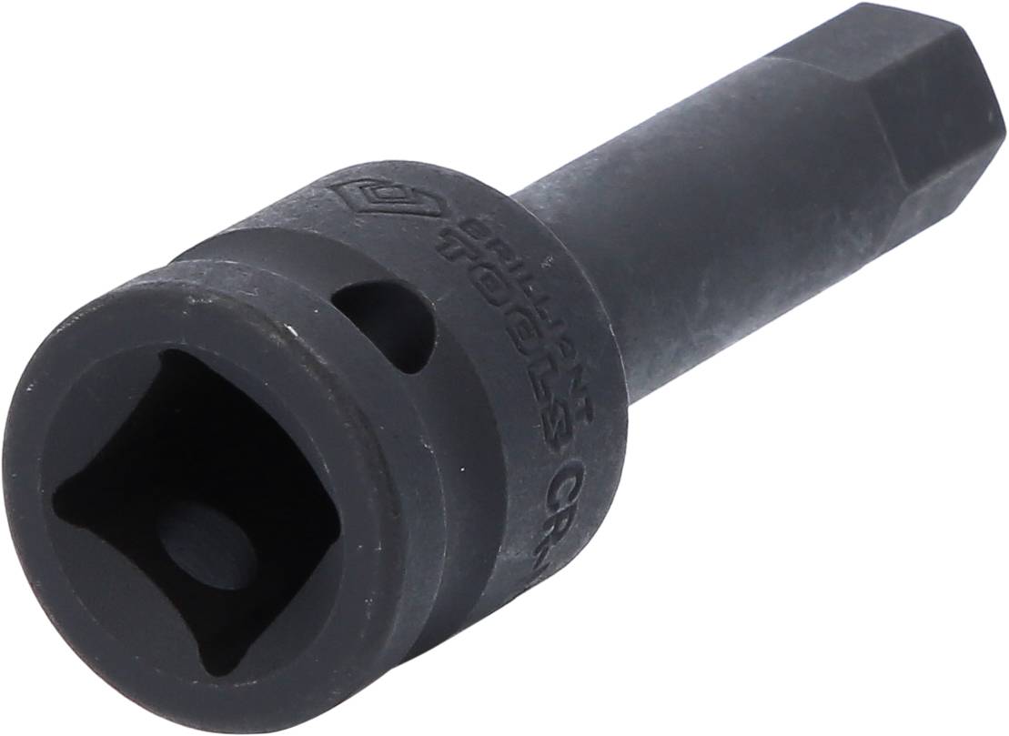 'Black metal hexagonal bit adapter for use with socket wrenches.'