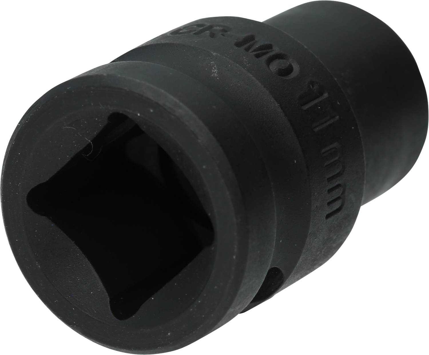 Black metal socket wrench nut in 11 mm size, cylindrical in shape, with side engraving. Ideal for repair and assembly work.
