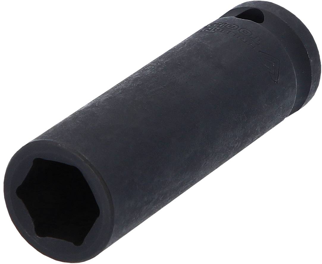 A black, hexagonal impact socket, made from robust material, viewed at an angle from above.