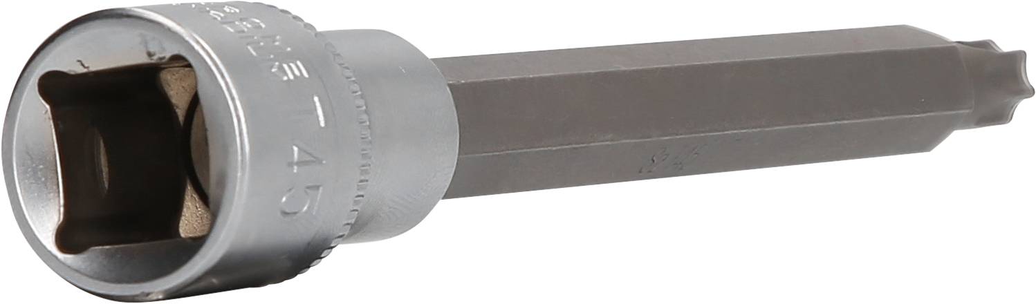 A silver socket wrench with a hexagonal shaft and a square drive, lying on a white background.