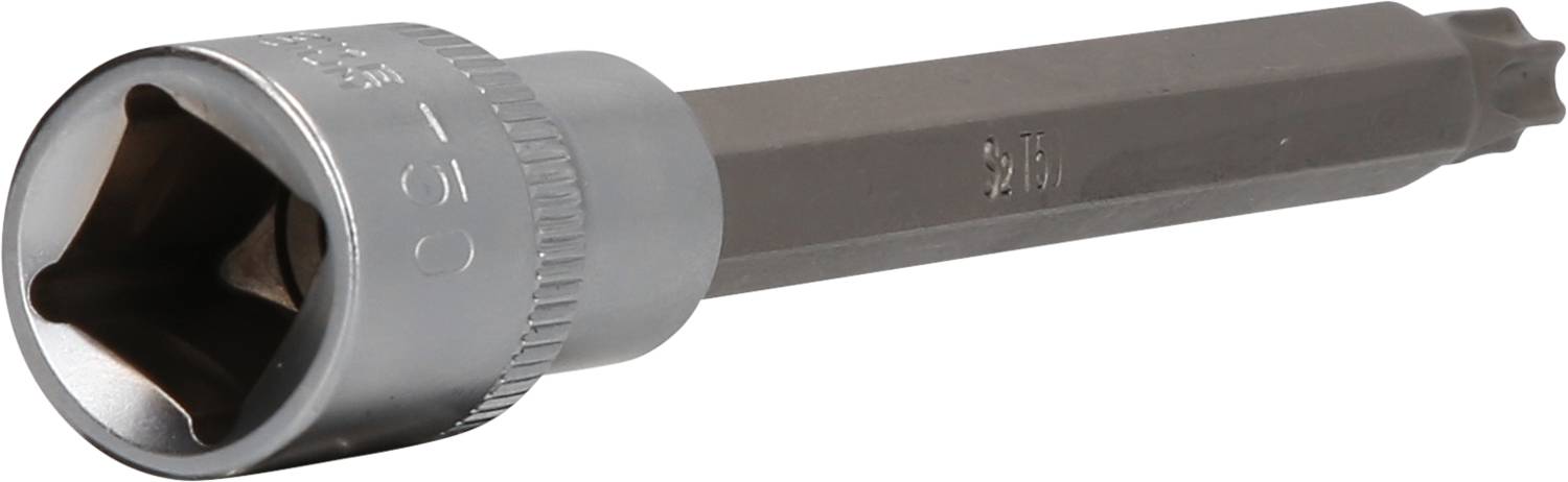 Torx bit with a hexagonal shaft and silver head; used for loosening or tightening Torx screws in mechanical applications.