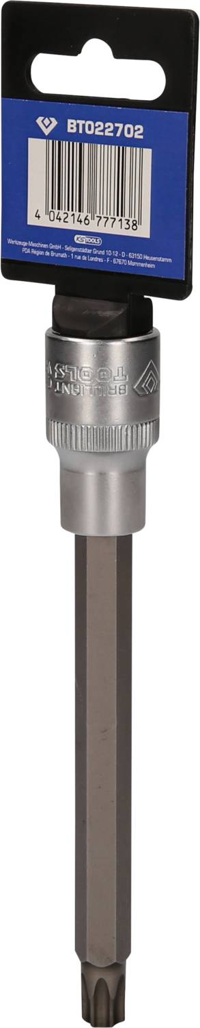 A Torx screwdriver bit with an extended shaft length, secured on a blue packaging card with barcode and product number.