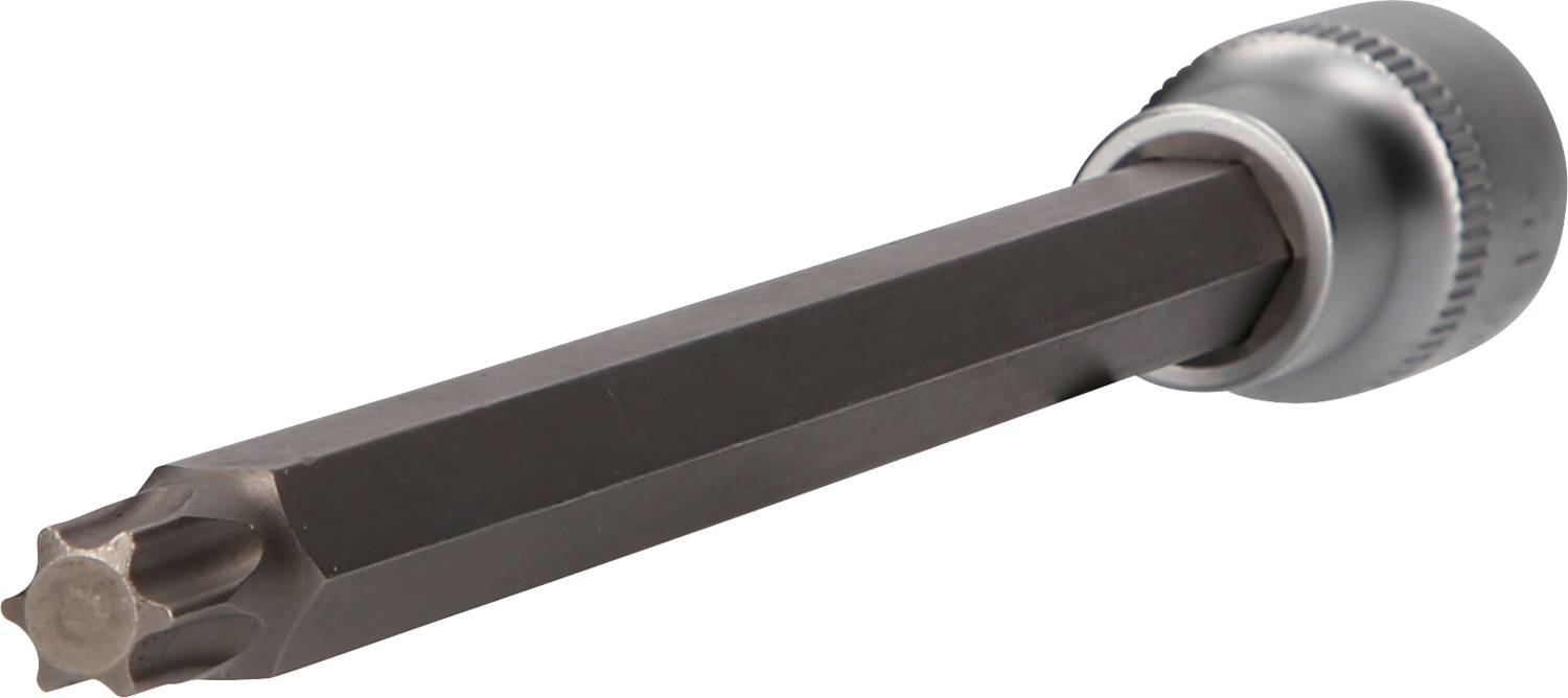 Torx screwdriver bit, suitable for mechanical work. Black metal with silver mounting.