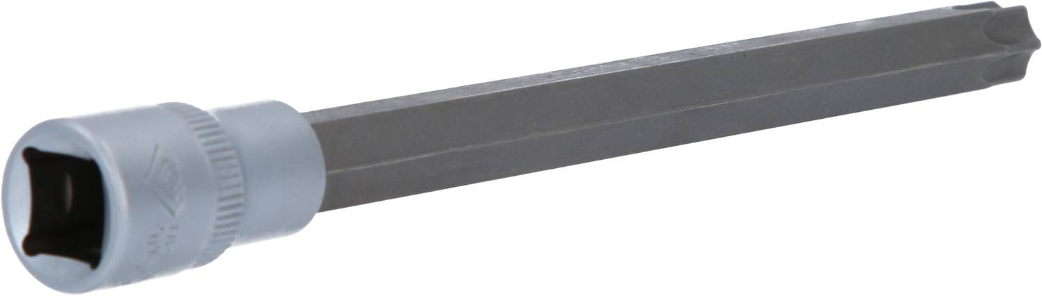 A long socket wrench with a hexagonal shaft and a hexagonal socket. Suitable for use with screws.