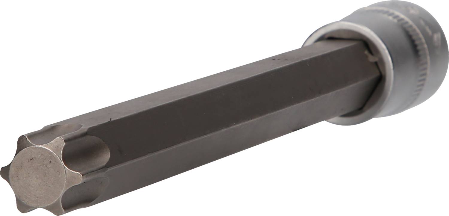 A black hexagonal drilling tool with a silver cylindrical head on a white background.