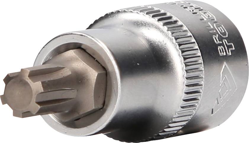 'Cylindrical bit attachment with metal teeth, suitable for screws with a special form. Silver metal surface.'