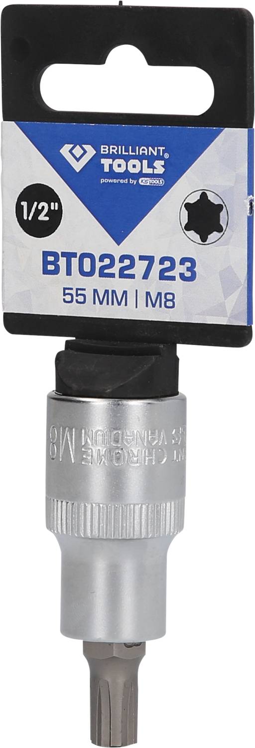Bit Socket for Keys: Brilliant Tools BT022723, 1/2 inch, 55 mm length, M8. Packaged on black cardboard with blue logo on top.