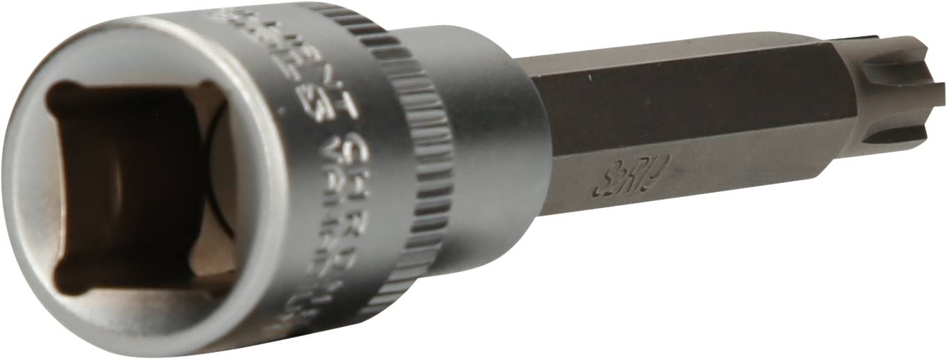 Metallic Torx bit socket, cylindrical handle, square opening, used for screw work with compatible tools.