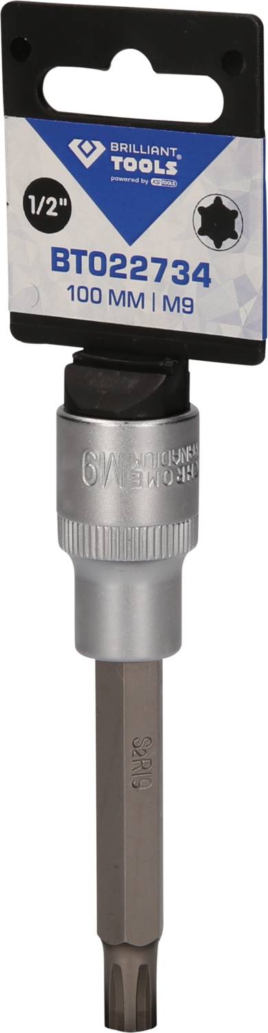 Torx bit for M9 screws, 100 mm long. Hanging tag at the top with product number and 'Brilliant Tools' logo.