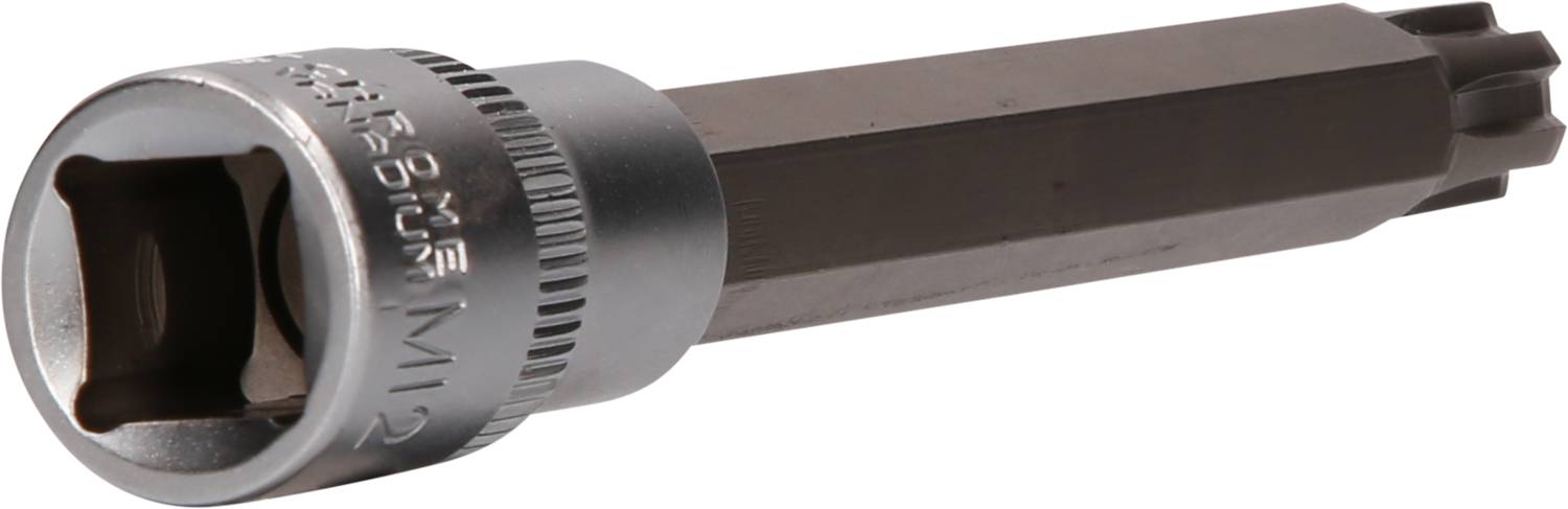 A Torx screwdriver bit with a silver handle and hexagonal shaft is lying on a white surface.