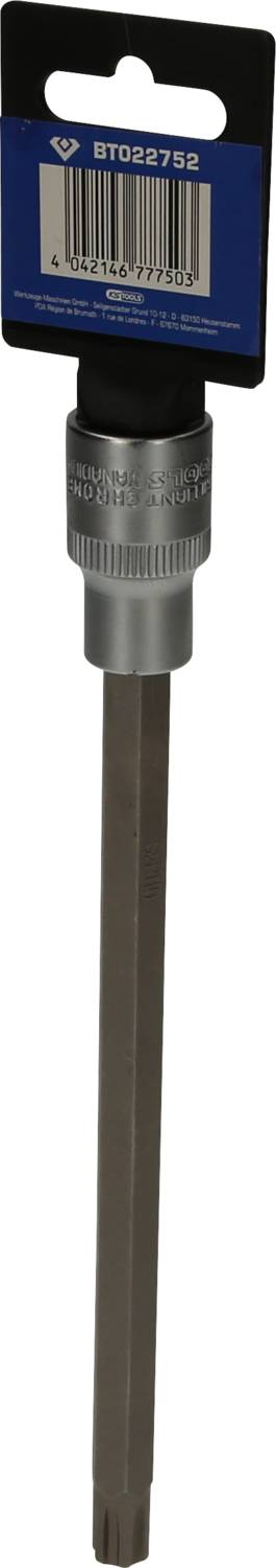 Long, hexagonal tool with a black and blue label at the top. Suitable for specific screw-related tasks.