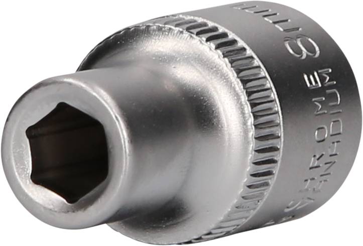 A silver socket extension with a hexagonal profile. Text on the extension: 'CHROME STH'. Tool for screw-related work.