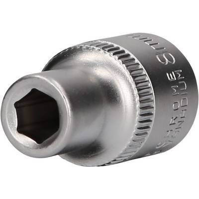 A silver socket extension with a hexagonal profile. Text on the extension: 'CHROME STH'. Tool for screw-related work.