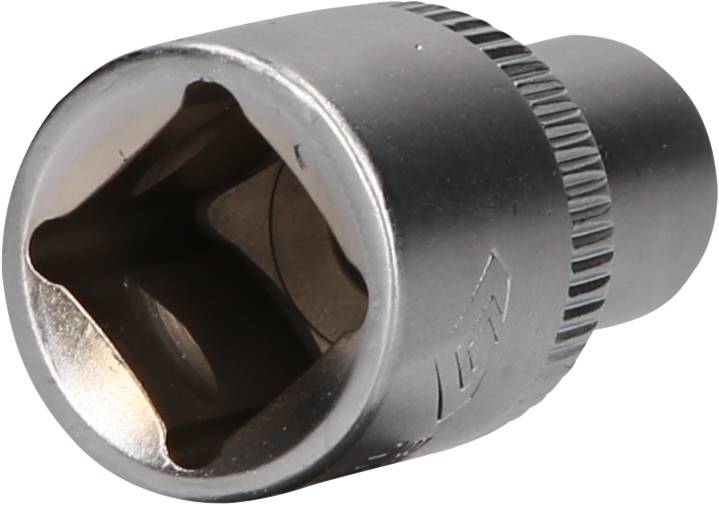 Metal socket wrench insert with a square opening. Used for screw work with ratchets or torque wrenches.