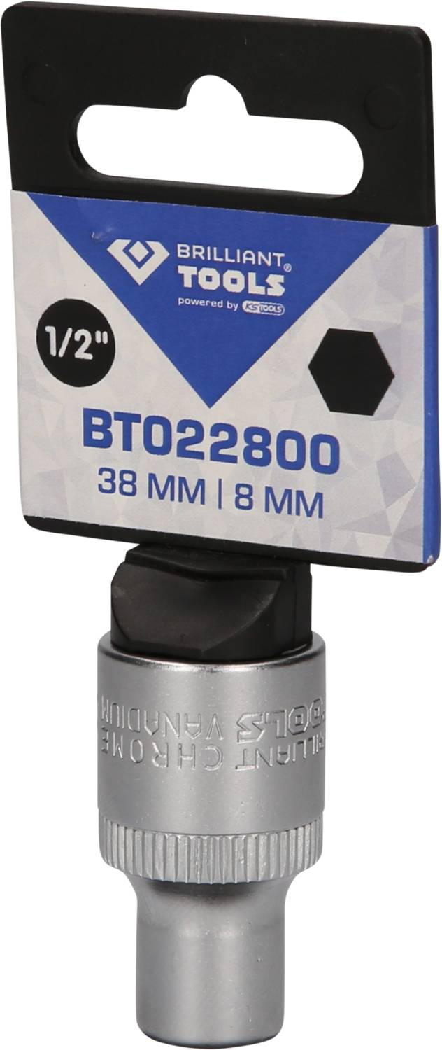 Socket, marked with 'BT022800', 1/2 inch, 38 mm, 8 mm. Part of Brilliant Tools, in silver colour.