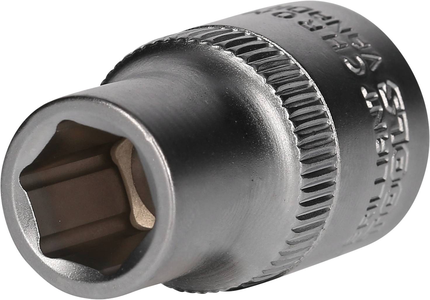 'Metal socket insert with hexagonal opening. Suitable for screw-related work.'