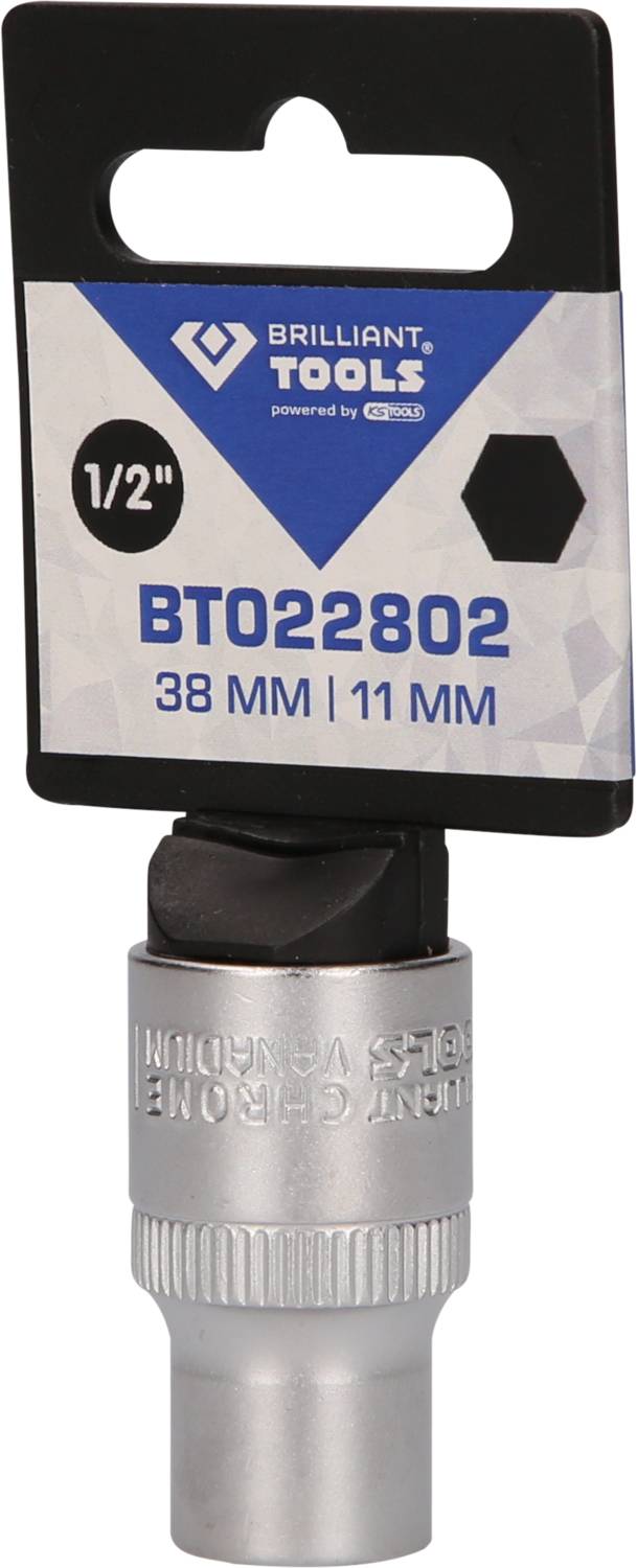 Socket from Brilliant Tools, size 1/2", BT022802, 38 mm and 11 mm. Packaging shows logo and product information.