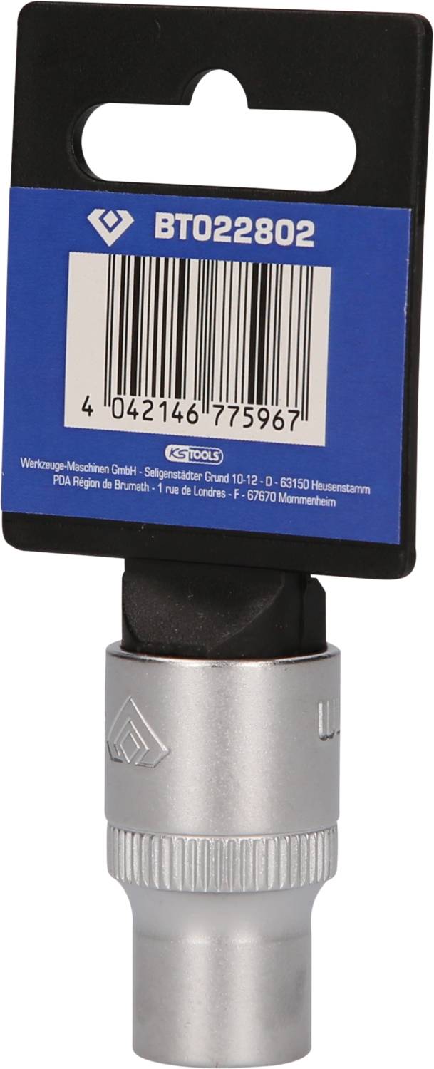 'BT022802' Socket in packaging, product label with barcode visible. Tool for tightening or loosening nuts and bolts.