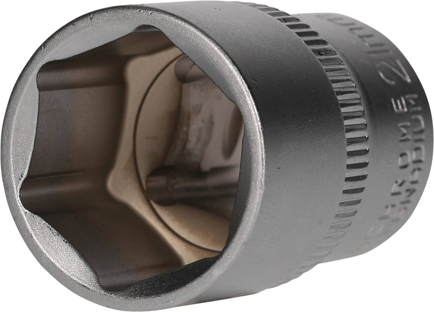 Hexagonal socket, metal, cylindrical shape, smooth surface, suitable for fastening or loosening screws or nuts.