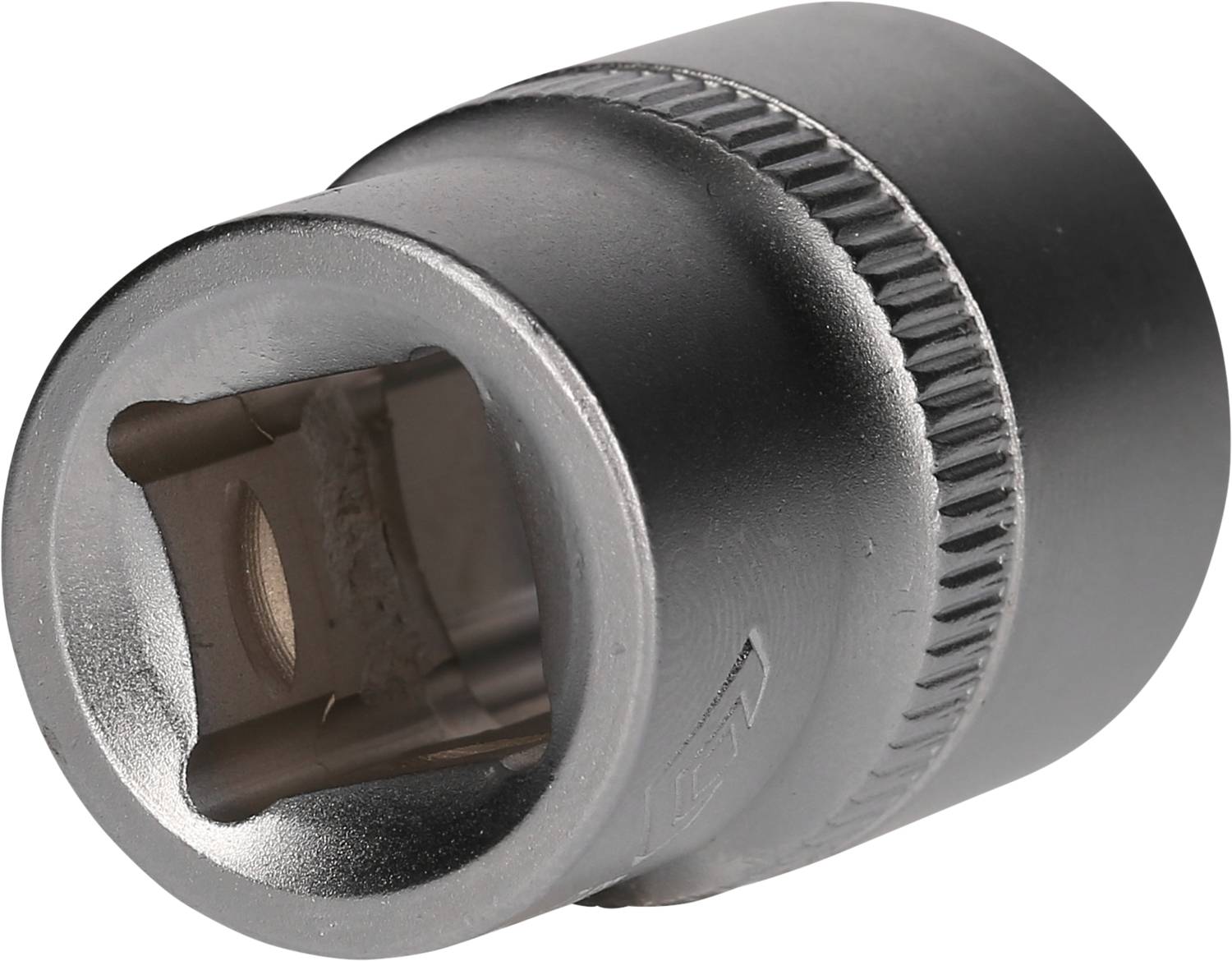 A silver socket extension in close-up, showing the opening for tool insertion, with a knurled surface for better grip.