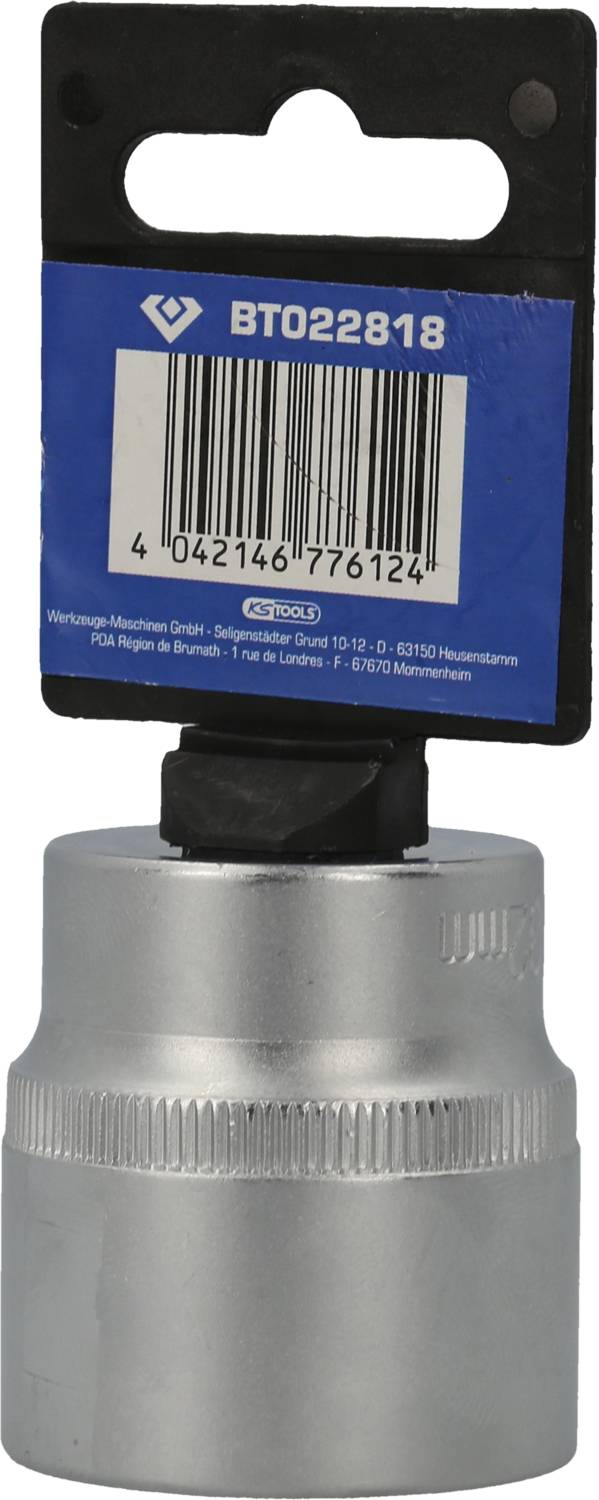 A silver socket with holder, label at the top: 'BTO22818', barcode underneath. Packaged with hanging; tool for mechanical work.
