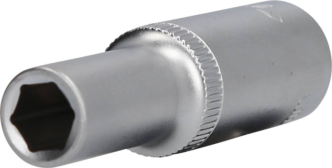 Metal socket wrench attachment with a hexagonal opening, suitable for loosening or tightening nuts and bolts.