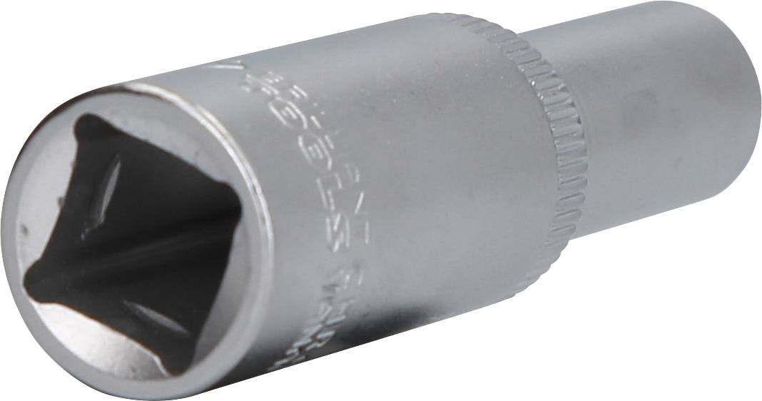 Metal socket with square drive, used for connection with ratchet spanners for mechanical work.