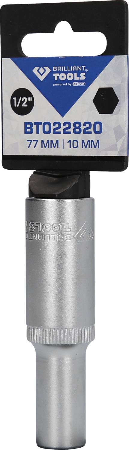 Socket 'Brilliant Tools BT022820', 1/2 inch, length 77 mm, spanner size 10 mm, in silver colour with label.