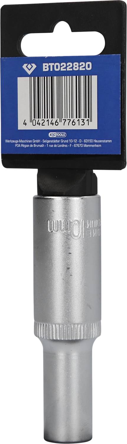 A silver fixing nut with a black label reading 'BT022820'. Designed for screw work, with barcode and text.