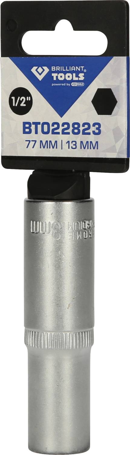 'Silver hexagonal socket, 1/2 inch, 77 mm length, 13 mm size, by Brilliant Tools, article number BT022823, in packaging.'