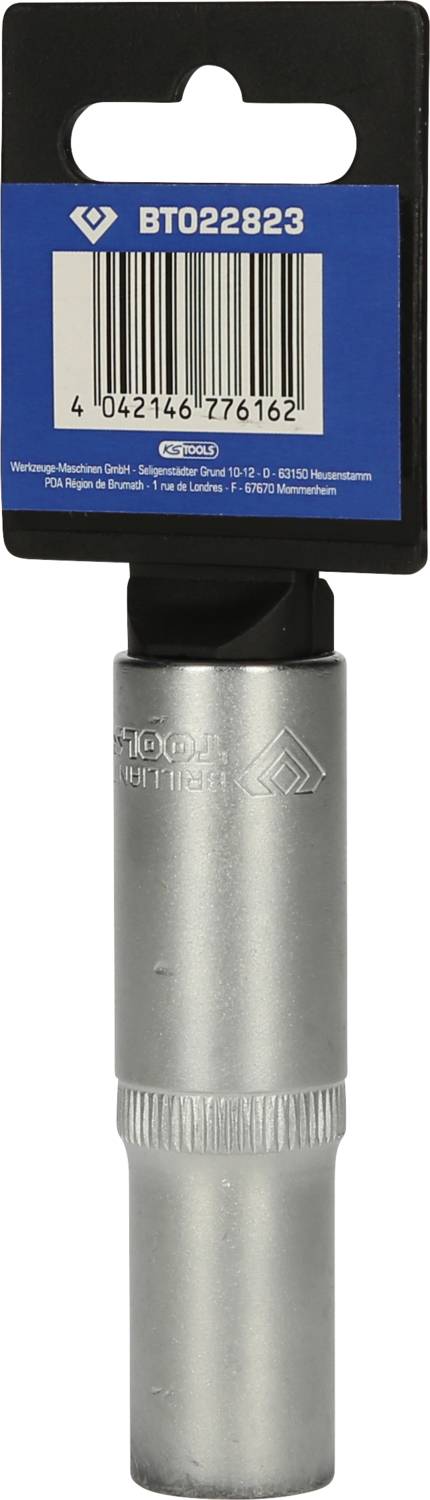 Silver spark plug spanner with blue packaging on top, featuring a barcode and the number 'BT022823'.