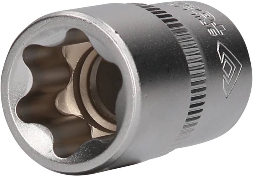 Metal socket spanner with hexagonal internal profile and knurled handle.