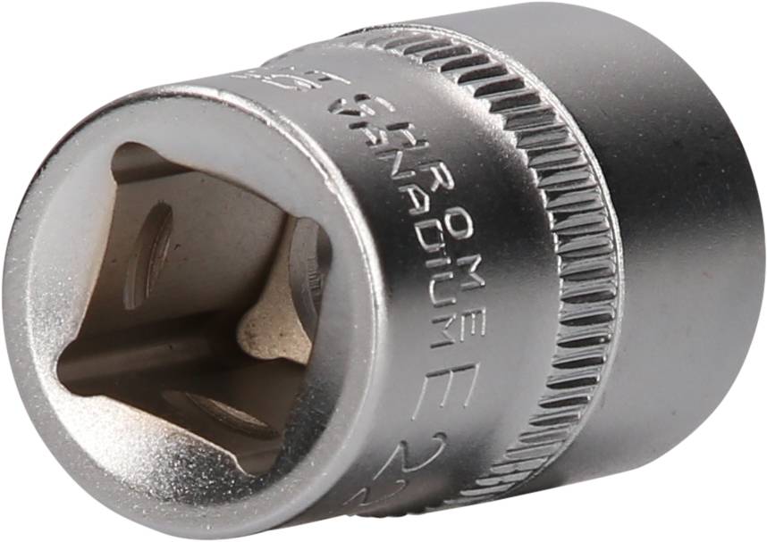 A silver socket with a square-drive opening made of chrome-vanadium steel. It is a tool attachment for a ratchet.