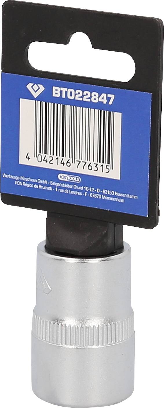 Metal safety wheel nut adapter with barcode and serial number 'BT022847', packaged in blue box.