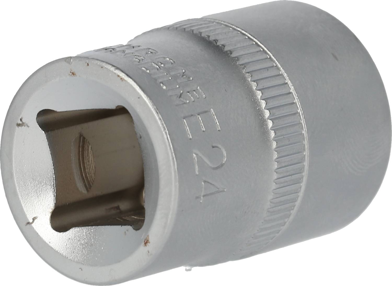 A silver pin nut with E24 engraving, cylindrical shape and knurled surface for improved grip.