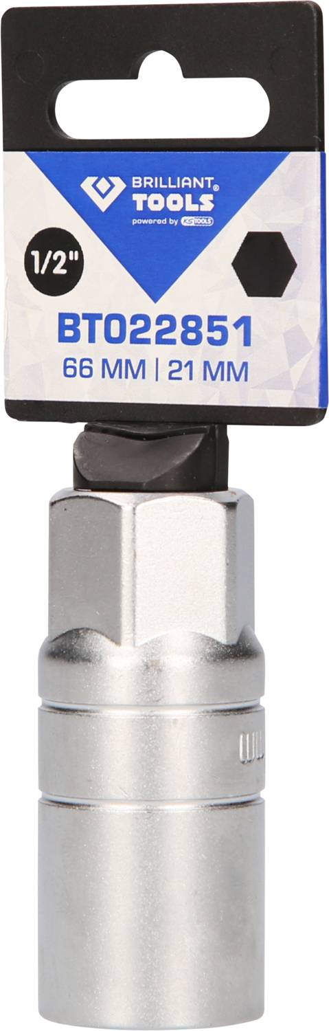 Socket extension 'Brilliant Tools', 66mm length, 21mm diameter, 1/2 inch drive, silver-coloured, with packaging label.