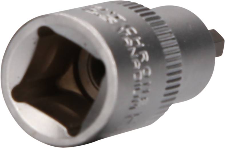 Metal socket key attachment in close-up, cylindrical shape with grooves and square opening. Suitable for screws.