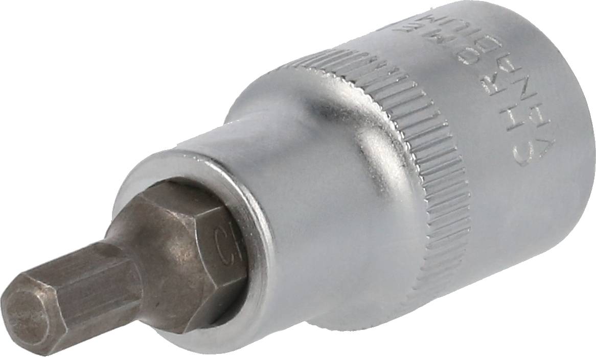 A silver hexagonal-tipped screwdriver bit. It is used for tightening or loosening screws with a compatible ratchet tool.
