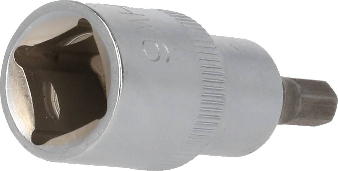 9 mm socket with a 6-sided internal profile for hand or machine operation. Matt chrome-plated surface with knurled grip area.
