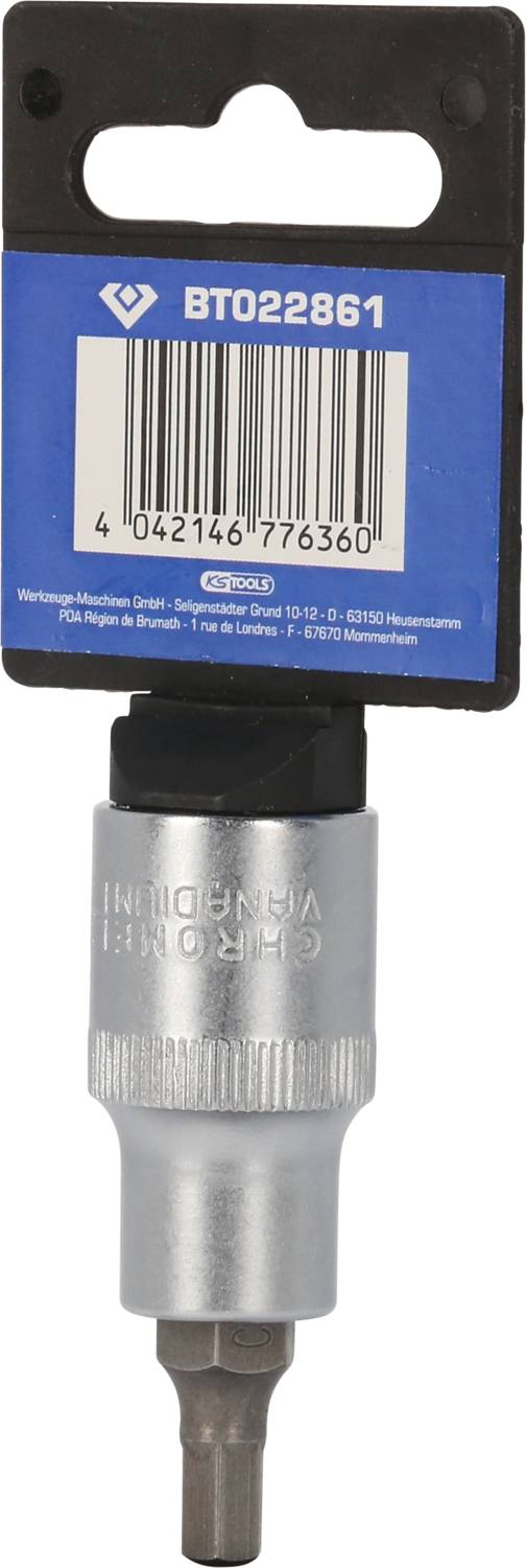 'BT022861' Bit Attachment with Barcode. Packaging in Blue, Instruction Text, Silver Attachment with Hexagonal Bit, Brand Logo.