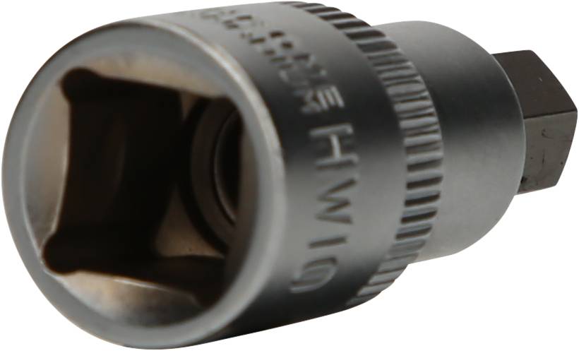 A silver socket attachment with a hexagonal end. The metal is slightly matte and robust, suitable for mechanical work.