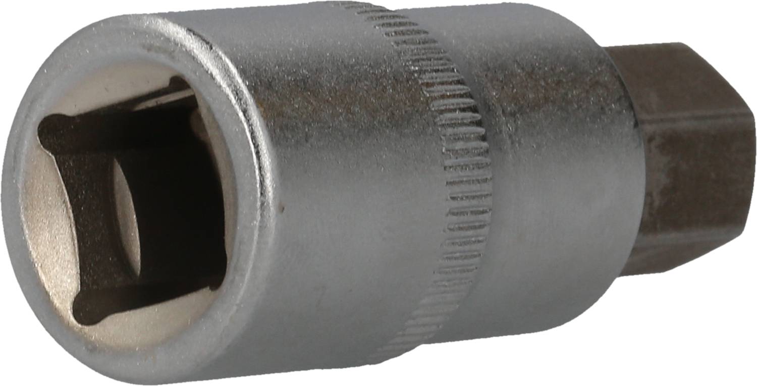 Metallic hex screwdriver head with a knurled centre, suitable for socket wrench sets.