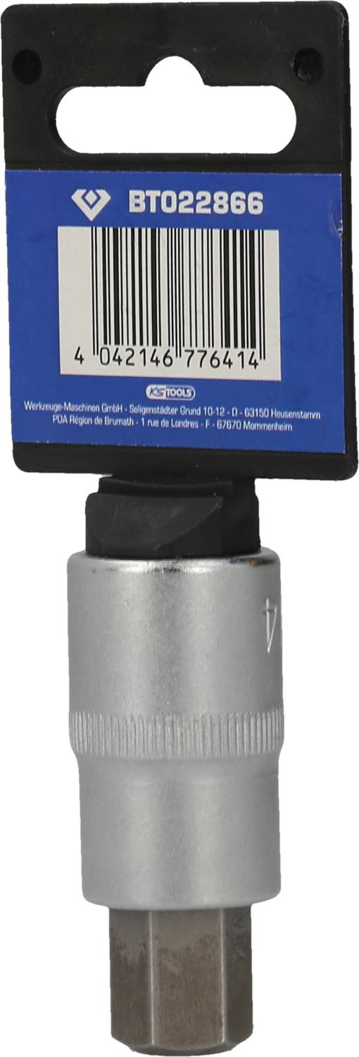 A socket extension with an adapter, packaged in a plastic holder. A barcode is located on the top of the packaging.