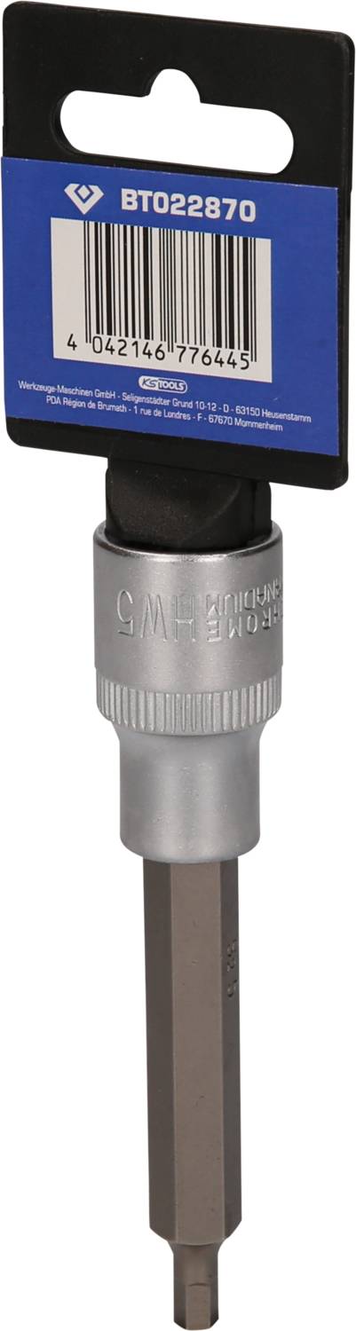 A socket spanner with packaging displaying a product number and barcode. A tool for fastening screws.