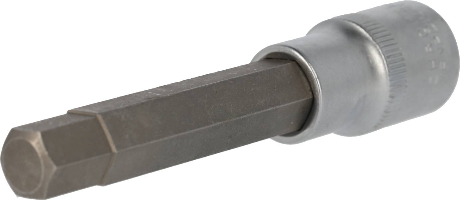 A hexagonal metal screwdriver bit used for tightening or loosening screws.