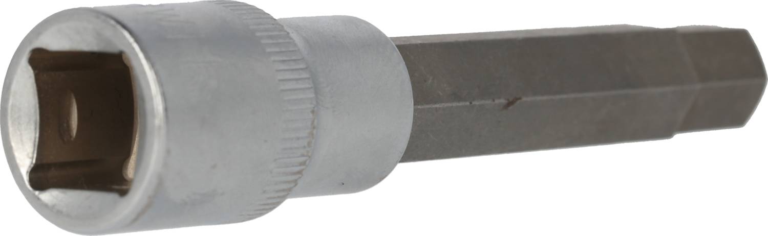 A hexagonal socket wrench in metallic finish, used for assembling or disassembling screws with matching heads.