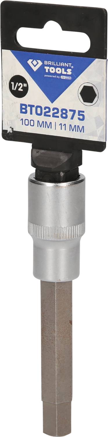 'Socket adapter by Brilliant Tools, length 100mm, size 11mm, hexagonal drive 1/2 inch. Suitable for mechanical applications.'